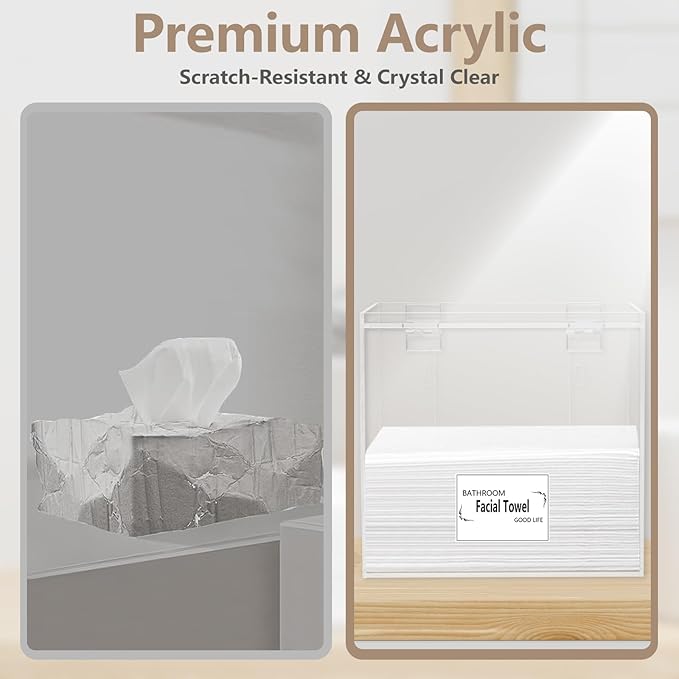 Disposable Face Towel Holder Box, Acrylic Storage Box for Face Towels XL, Makeup Organizer with Lid, Clear Acrylic Face Towel Holder for Bathroom, Vanity Makeup