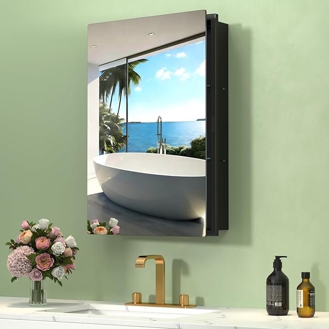 15"x20" Black Medicine Cabinet Mirror, Recessed & Surface Mount Medicine Cabinets for Bathroom, Tempered Glass Mirror + Full Metal Storage Cabinet, 2 Stable and Removable Shelves, Left or Right Open