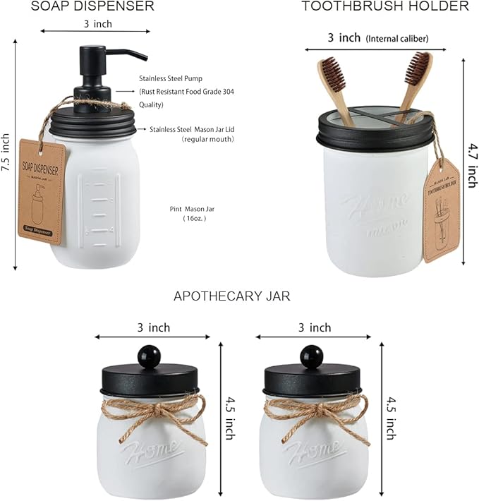 SheeChung 6Pcs Mason Jars Bathroom Accessories Set - Toothbrush Holder, Soap Dispenser, Qtip Holders, Soap Dish, Wire Paper Storage, Farmhouse Bathroom Decor (Rustic White, 6Pcs Bathroom Set)