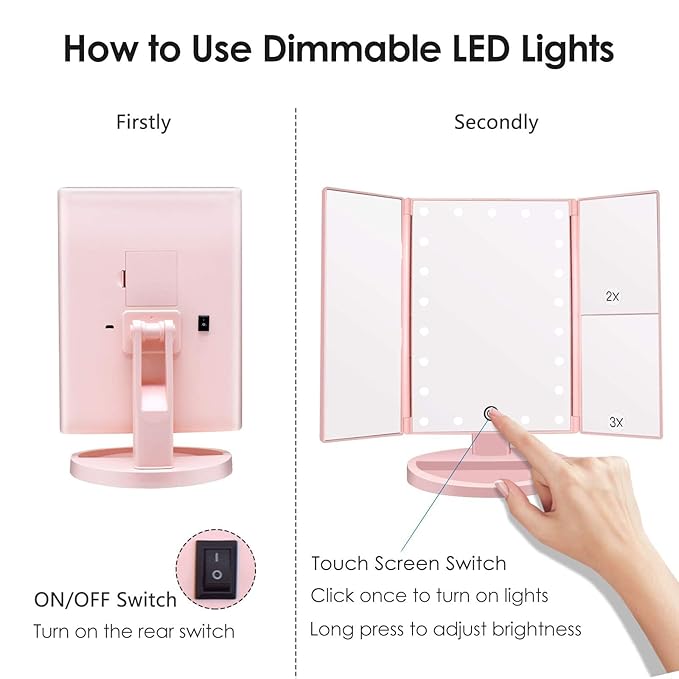 WEILY Makeup Mirror with 21 LED Lights,Two Power Supply Modes, Adjustable Touch Screen and 1x/2x/3x Magnification Tri-Fold Vanity Mirror, Chargeable Travel Cosmetic Mirror for Desktop (Pink)