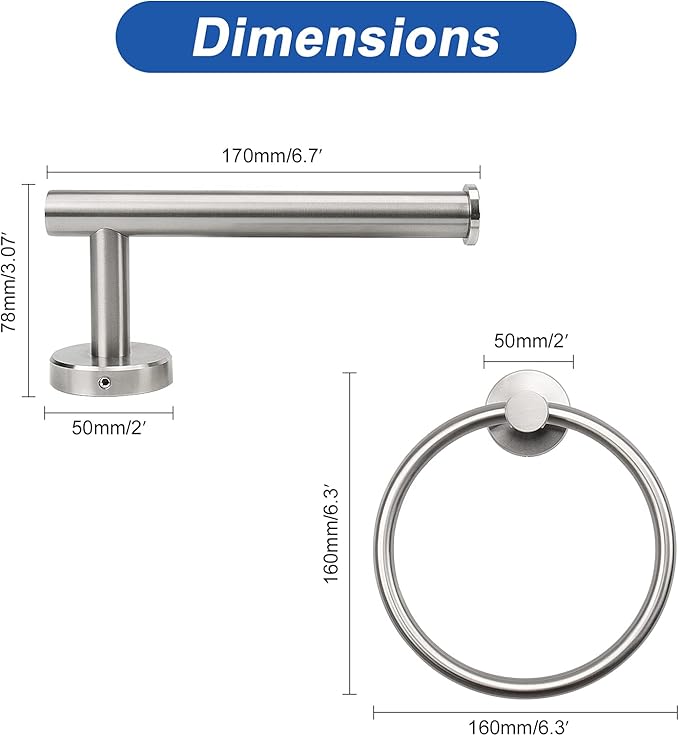 NearMoon 2 Pieces Bathroom Hardware Accessories, Towel Ring and Toilet Paper Holder- Stainless Steel Bath Towel Hanger and Hand Towel Holder, Wall Mounted (Brushed Nickel)