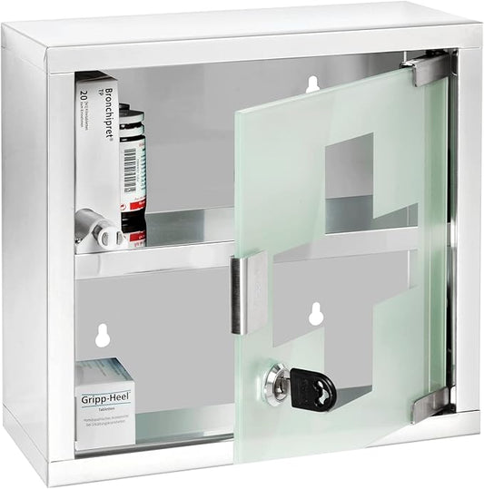 WENKO Medicine Cabinets with Lock, Wall Mounted Over The Toilet Storage Shelves, First Aid Bathroom Wall Cabinet with Safety Glass Door, Small, 9.8 x 9.8 x 4.7 in, Silver Shiny