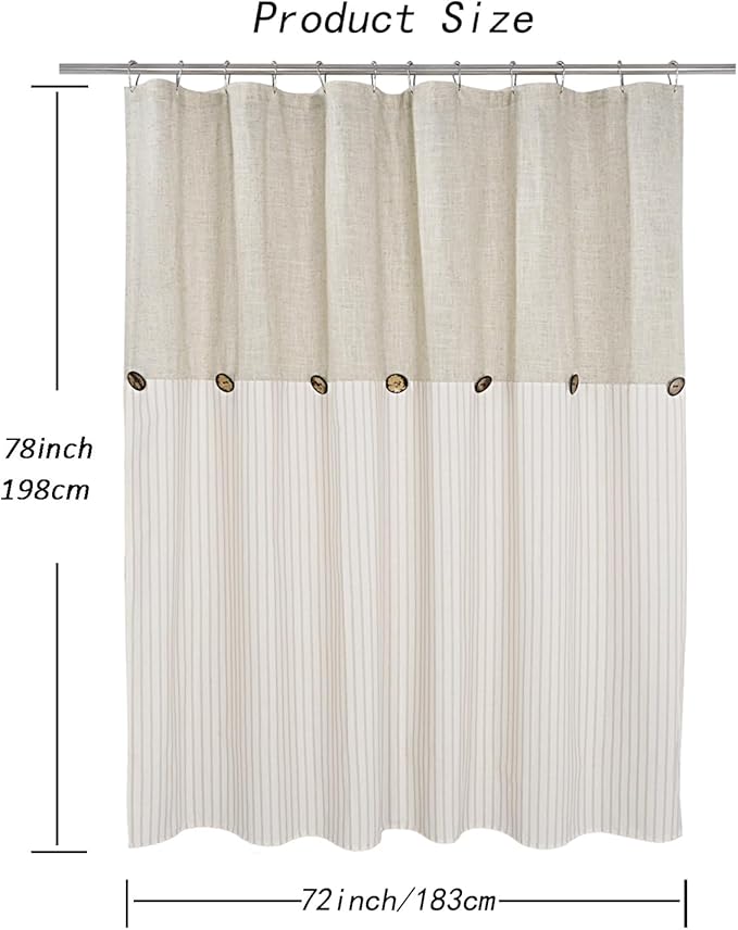 Farmhouse Shower Curtain,Beige and Beige Stripe,Button Curtain,Linen and Cotton Blend Fabric,Rustic Charm Country Chic Style,72x78 in