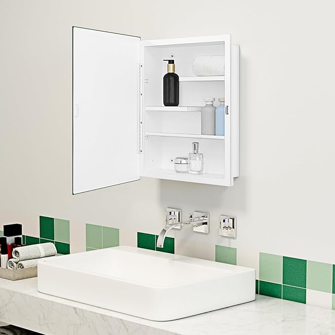 Fundin White Medicine Cabinet with 16 x 20 Beveled Mirror & Adjustable Staggered Shelves, Recessed or Surface Mount Bathroom Medicine Cabinet