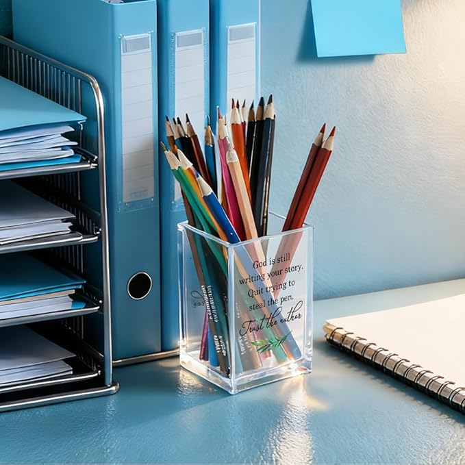 God Is Still Writing Your Story Acrylic Cosmetic Pencil Holder Cup, Christian Pen Holder for Desk, Christian Gifts for Women Girls, Inspirational Gifts for Family Friends Colleagues