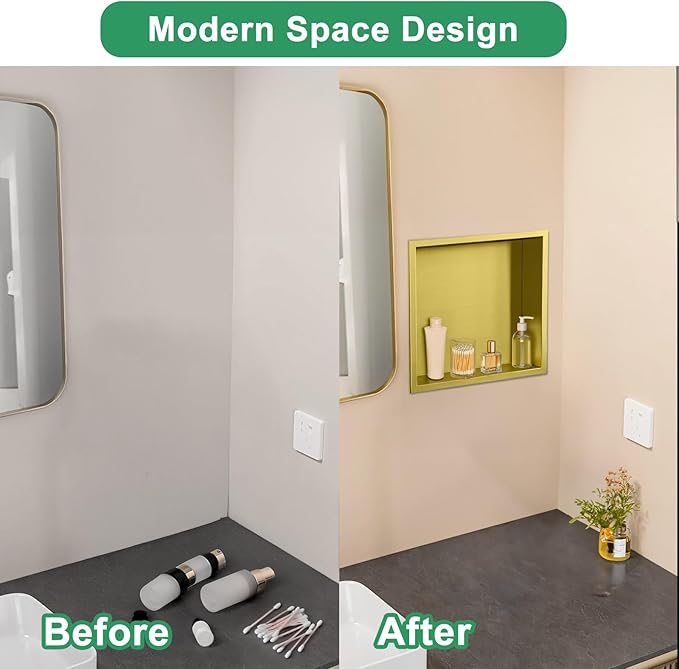 SaniteModar Shower Niche, Stainless Steel Shower Niche No Tile Needed, Recessed for Bathroom Storage (Brushed Gold, 12x12)