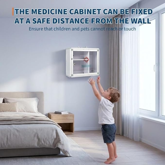 Garvee Medium Lockable Medicine Cabinet with Handle,Protable First Aid Cabinet Wall Mount with Sticker for Bathroom,13.78"×5.51"×11.81",Sliver
