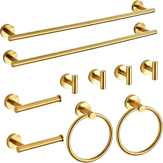 Brushed Gold Bathroom Hardware Set 10 Piece with Towel Racks for Bathroom, SUS304 Stainless Steel Bath Towel Bar Set, 24 Inch Wall Mounted Accessories Kit…