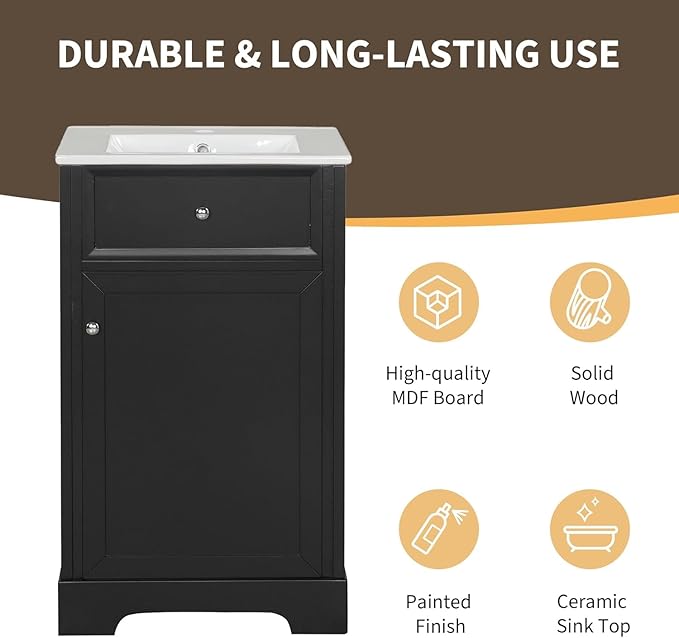 20 in Small Bathroom Vanity with Sink,Soft Closing Door and Adjustable Shelf, Solid Wood Frame & MDF Modern Single Bathroom Sink Cabinet,Freestanding (Black)