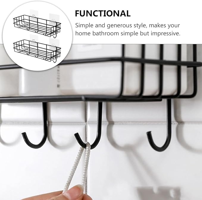 Veemoon Wall-Mounted Punch-Free Storage Rack with Hooks 2pcs, Iron Material, Nail-Free Organizer Shelf for Bathroom Kitchen, Black Bathroom Hanging Storage Solution