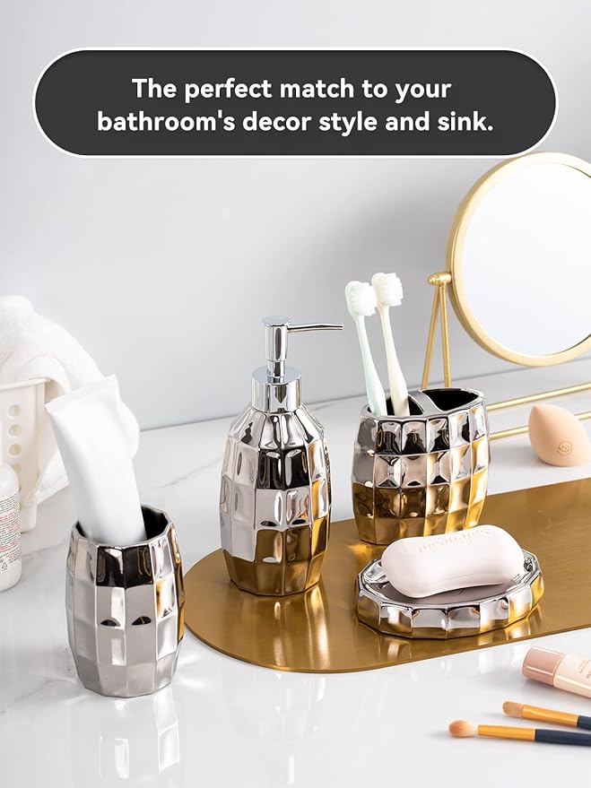 Silver Bathroom Accessory Set, Mosaic Ceramic Bathroom Accessories Set Include Lotion Dispenser, Toothbrush Holder Tumbler, and Soap Dish