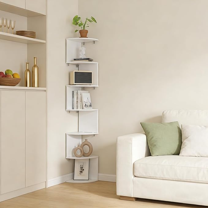 Modern Angled Design 7 Level Corner Shelf for Bathroom Bedroom Living Room Made of Durable Wood Plastic Board