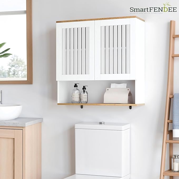 Smart FENDEE Bathroom Cabinet with Louvered Door, White Wall Mounted Cabinet with Adjustable Shelf for Bathroom, Laundry Room, Above Toilet Organizer