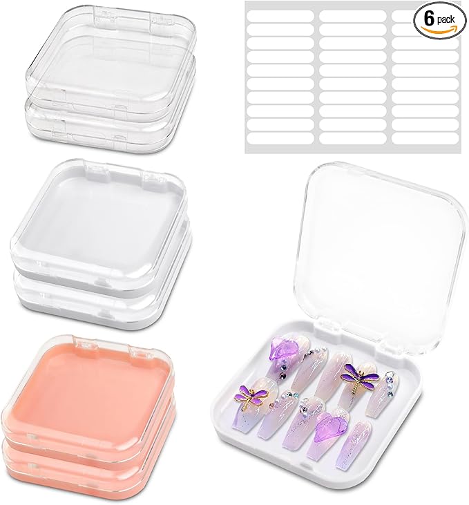 6PCS Nail Boxes for Press Ons, Acrylic Press on Nails Storage Box for Manicurist, Nail Packaging Box with 30 PCS Adhesive Double Sided Tape, Acrylic Fake Nail Display Box, Artificial False Nail Box