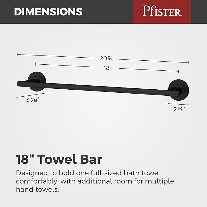 Pfister Capistrano Bath Towel Bar for Bathroom, 18-Inch, Wall-Mounted, Screw-in, Matte Black Finish, BTBCSO1B