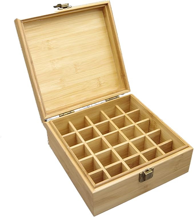 Pure Vie Bamboo Essential Oil Storage Box Travel Organizer Case with Bottle Cap Label - Aromatherapy Nail Polish Fragrance Container, Holds 25 Bottle for 5-15ml - Keep Scented Oil Safe & Space Saver