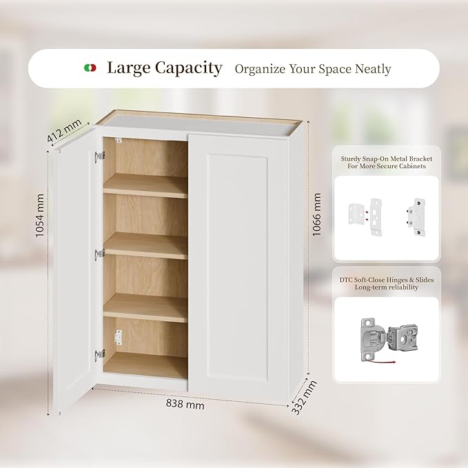 Kisart Laundry Room Cabinets Wall Mounted with Doors & Shelves, Solid Wood RTA Medicine Storage Cabinet, 33" Wx42 Hx12 D Inch White Shaker Hanging Cupboard, Space-Saving for Kitchen, Bathroom, Garage