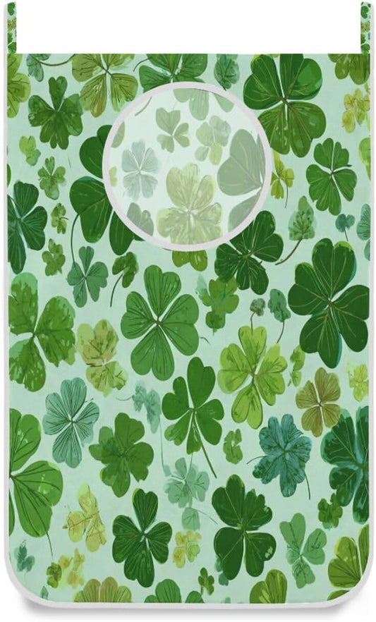 Green St Patrick Clovers Hanging Laundry Hamper Door Hampers Bag Basket with Stainless Steel Hooks Oxford Fabric Printing Decorative Clothes Bags 29.5X20inch 1Pack