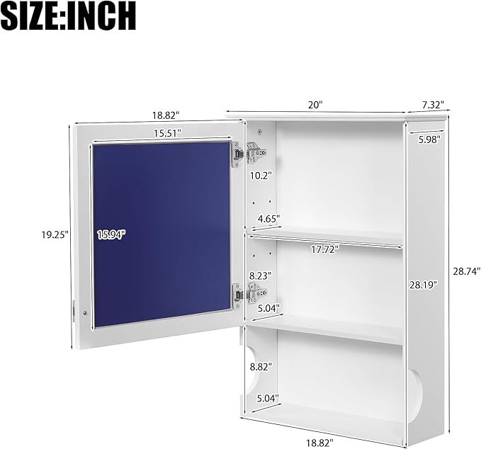 Bathroom Wall Cabinet with Mirror, Medicine Cabinet with Door and Adjustable Shelf, Space Saver Storage Cabinets Over The Toilet for Bathroom (20'' x 28'')
