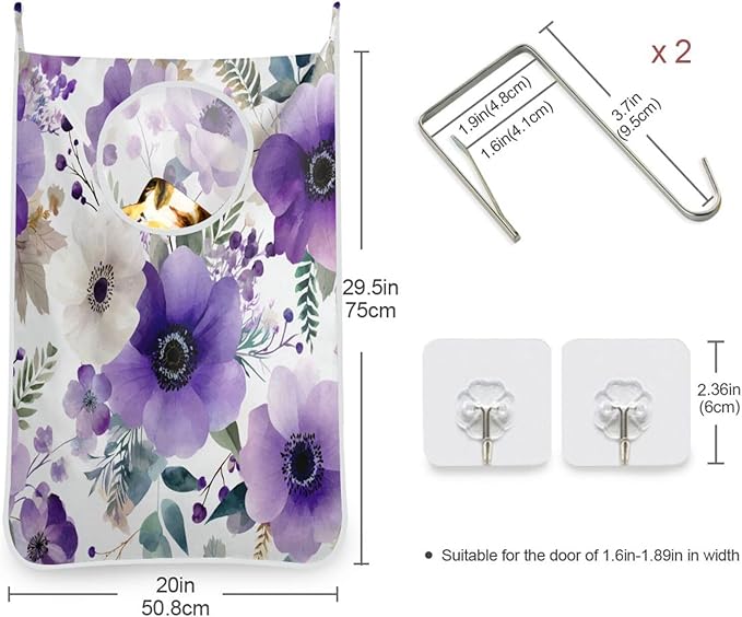 Purple and White Silver Lotus Flowers and Berries Hanging Laundry Hamper Door Hampers Bag Basket with Stainless Steel Hooks Oxford Fabric Printing Decorative Clothes Bags 29.5X20inch 2Pack