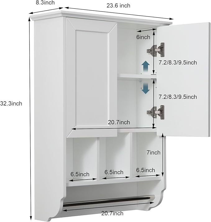 White Bathroom Wall Cabinet with Towel Bar,Wooden Medicine Cabinet Adjustable Shelves,23x32 Inch Kitchen Cabinet,Over Toilet Storage Cabinet for Bathroom,Kitchen,Laundry