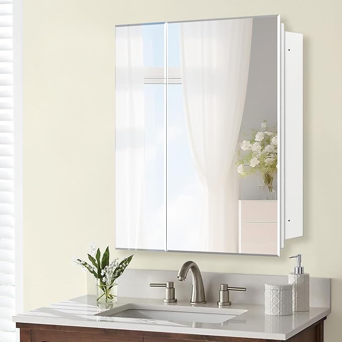 30"x26" Medicine Cabinet,HD Bathroom Mirror Cabinet with Beveled Mirror,Removeable Shelves, Recessed and Surface Mount,Frameless Bathroom Mirror with Storage