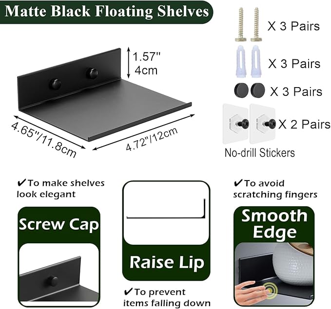 Z metnal Small Floating Shelves, Mini Metal Shelf for Wall, Aluminum, Wall Mounted and No Drill, Black, 4.7 inch, 2 Pack
