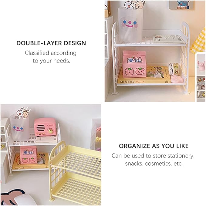 Desktop Rack Cosmetic Stationery Storage Holder, 2-Tier Multifunctional Plastic Shelf Makeup Organizer for Skincare Office Kitchen Bedroom Bathroom Home (Pink)