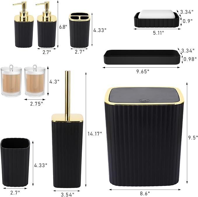 XLHOMO Bathroom Accessories Set - Gorgeous Black Bathroom Set, 10PC Bathroom Accessory Set, Toilet Brush, Trash Can, Qtip Holder & Soap Dispenser