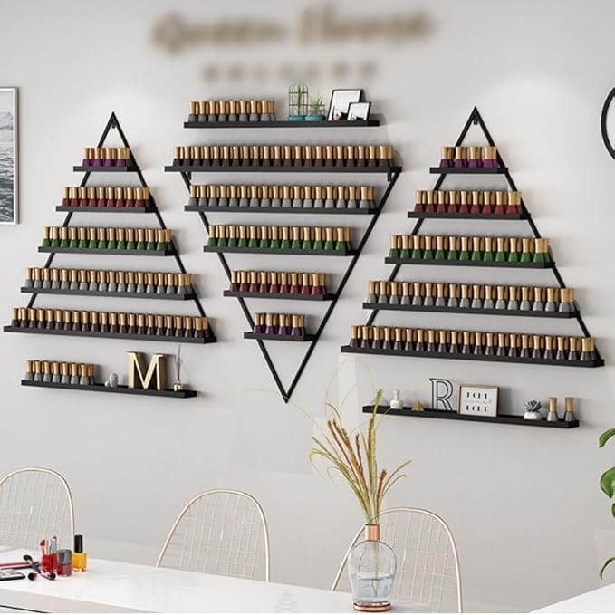 Wall-Mounted Nail Polish Rack, Set of 6 Triangular Blcak Nail Polish Shelf 5-Tier Lipstick Perfume Cosmetic Display Shelf for Home Spa Nail Salon Shop