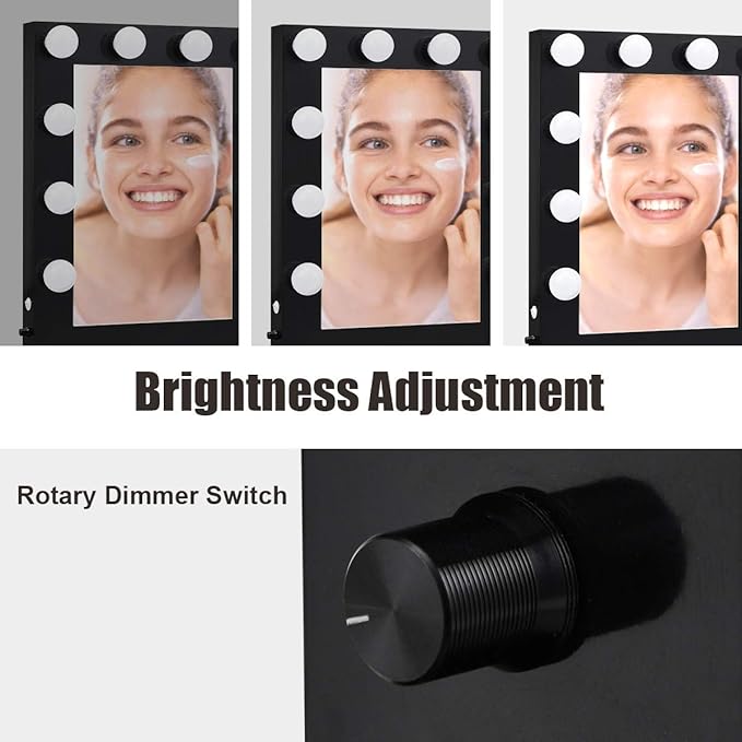 Tangkula Hollywood Makeup Vanity Mirror with Lights, Standing Vanity Makeup Mirror with Detachable Base, Beauty Mirror Makeup Mirror with Dimmer for Dressing Room Bedroom (Black)