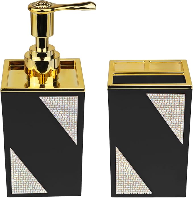 Bathroom Accessories Set, Square 2-Piece Black Soap Dispenser & Toothbrush Holder with Sparkling Inlaid Diamonds, Modern Geometric Vanity Set