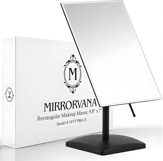 MIRRORVANA Large Table Desk Mirror with Stand for Office Desktop, Makeup Vanity and Bathroom Countertop - Personal Adjustable Face Mirror - 9.8" x 7" (Black)