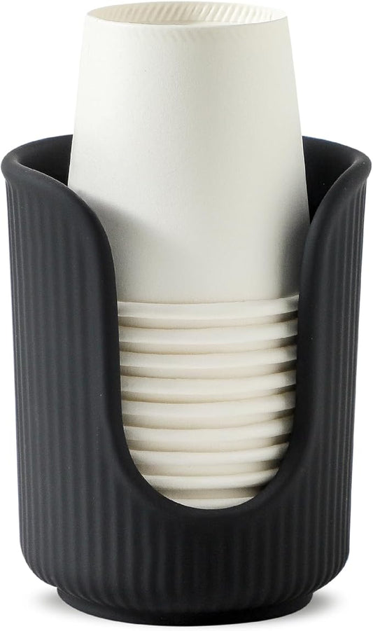 Dobbyby Ceramic Bathroom Cup Dispenser with Stylish Vertical Stripes - Disposable Mouthwash Cup Holder Holds 3-4oz Paper Cups for Rinsing Cups on Bathroom Vanity Countertops (Matte Black)