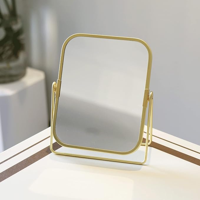 LONGSHENG - SINCE 2001 - Gold Tabletop Makeup Mirror Double Side Square Vanity Mirror Desk Mirror for Home Bathrom