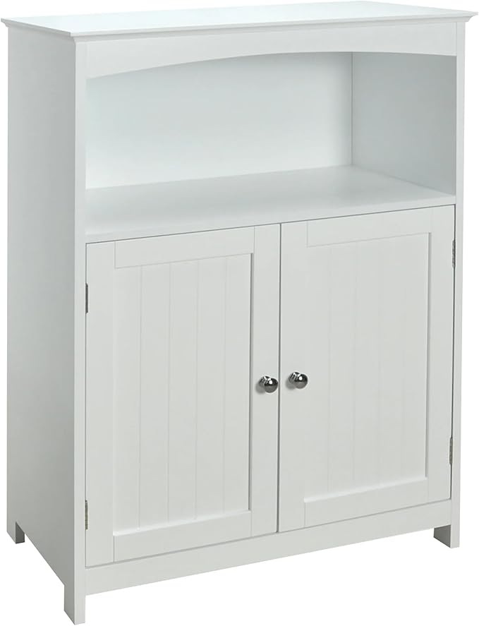 Beadboard Double Door Multi Room Freestanding Floor Cabinet, Open Top Shelf With Arched Accent, Adjustable Center Shelf, 25 Inch Width x 12 Inch Depth x 33 Inch Tall, White Semi Gloss Enamel Finish