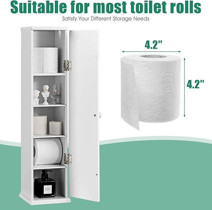 Free Standing Tissue Cabinet, Toilet Paper Holder w/ 3 Detachable Shelves, Hinged Door, Top Slot, 4-Tier Large Capacity & Compact Size, Suitable for Bedroom, Living Room, Bathroom, White