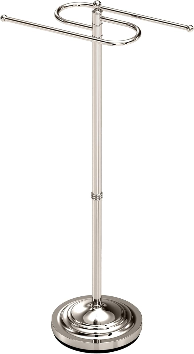 Gatco 1505PN, Modern Round Base Floor Standing S Style Towel Holder, Polished Nickel / 38" H Freestanding Hand Bath Towel Stand for Bathroom