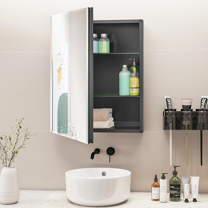 Fundin Medicine Cabinet 20 x 26 inches Mirror Size, Recessed or Surface Mount, Black Aluminum Bathroom Wall Cabinet with Mirror and Adjustable Shelves.