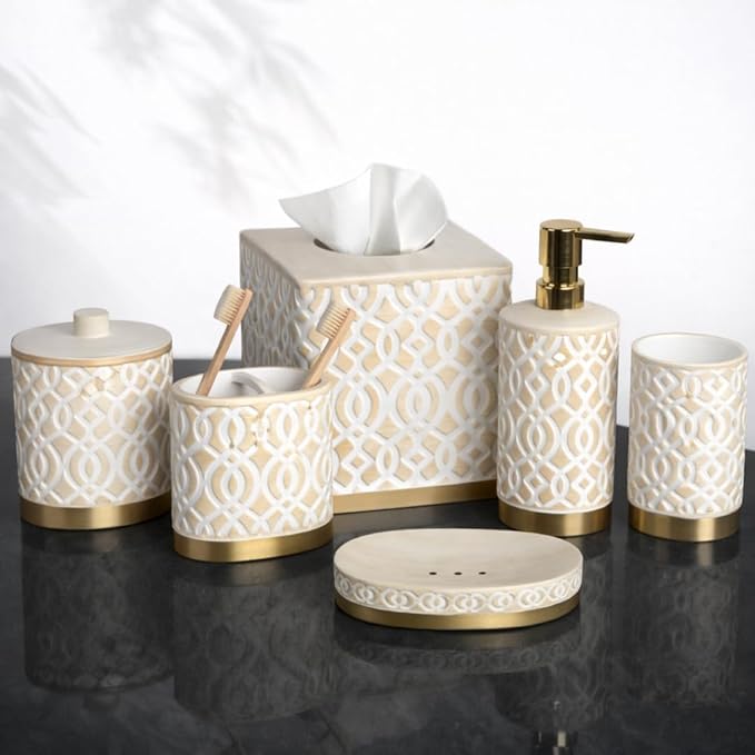 6-Piece Bathroom Accessories Set – Soap Dispenser, Toothbrush Holder, Tumbler, Soap Dish, Cotton Swab Jar & Toilet Brush – Modern Bathroom Decor Set (Solana)