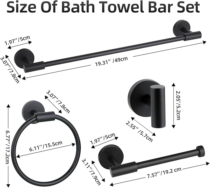 Bathroom Hardware Accessories Set 5 PCS, Matte Black Bathroom Towel Bar Racks Set, SUS304 Stainless Steel Bathroom Fixture Set, 19in Towel Bar Bathroom, Toilet Paper Holder, Towel Hooks, Towel Ring