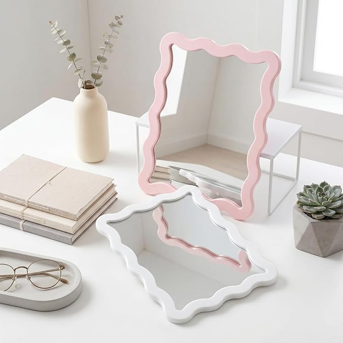 Leinuosen 2 Pcs Scalloped Magnetic Locker Mirror Small Real Glass Makeup Mirror with Magnetic Backing Cute Locker Decorations for Office Cabinet Lockers Accessories (5 x 7 Inch,Pink,White)