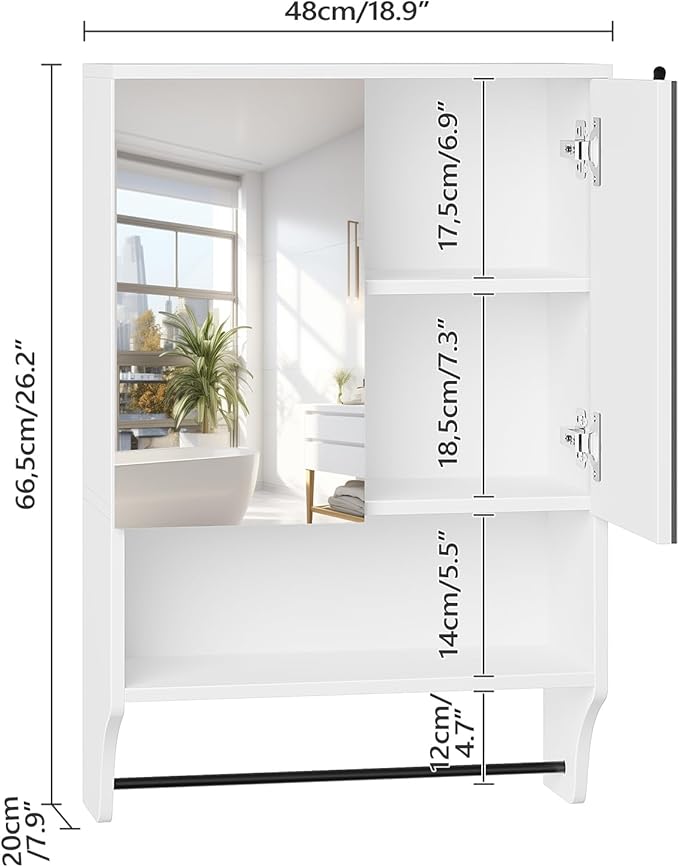 MAHANCRIS Bathroom Wall Cabinet with Mirror, Medicine Cabinet with 2 Door and Adjustable Shelf, Wall Mounted Over The Toilet Storage Cabinet for Bathroom Laundry Room Kitchen, 18.9"W x 26.2"H, White