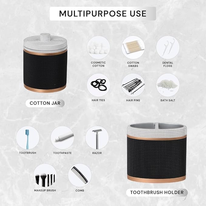 Decozen Bathroom Accessories 6Pcs Set, Soap Dispenser, Toothbrush Holders, Tumbler, Soap Dish & Cotton Swab Jar – Modern Bathroom Decor, Modern Farmhouse Decor, Countertop Accessories, Black