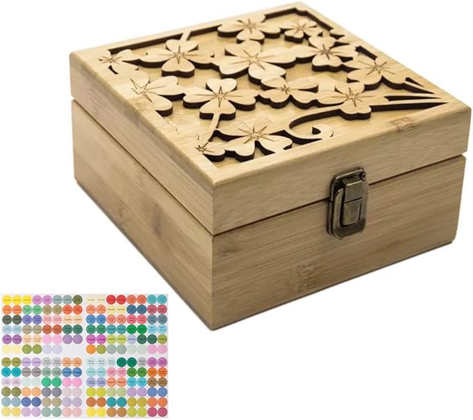 Pure Vie Bamboo Essential Oil Storage Box Travel Organizer Case with Bottle Cap Label - Aromatherapy Nail Polish Fragrance Container, Holds 25 Bottle for 5-15ml - Keep Scented Oil Safe & Space Saver