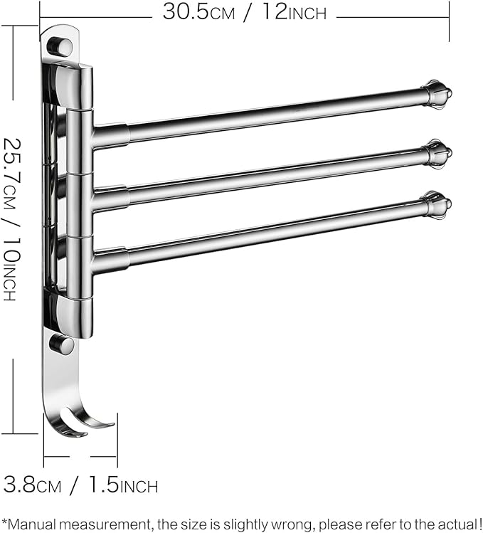 Chrome Plated Swivel Towel Rack Stainless Steel Adjustable Bathroom Towel Rack 12 * 1.5 * 10 inches for Bathroom, Bedroom, Balcony Removable Towel Bar (Electroplated, Triple Bar)