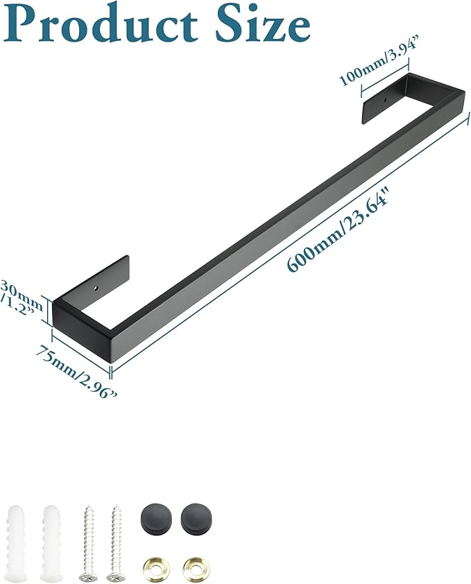 Towel Rack for Bathroom Wall Mount, 23.64" SUS304 Stainless Steel Rustproof Towel Bar, Matte Black Towel Holder for Bathroom Laundry Room Hotel Modern Home Decor