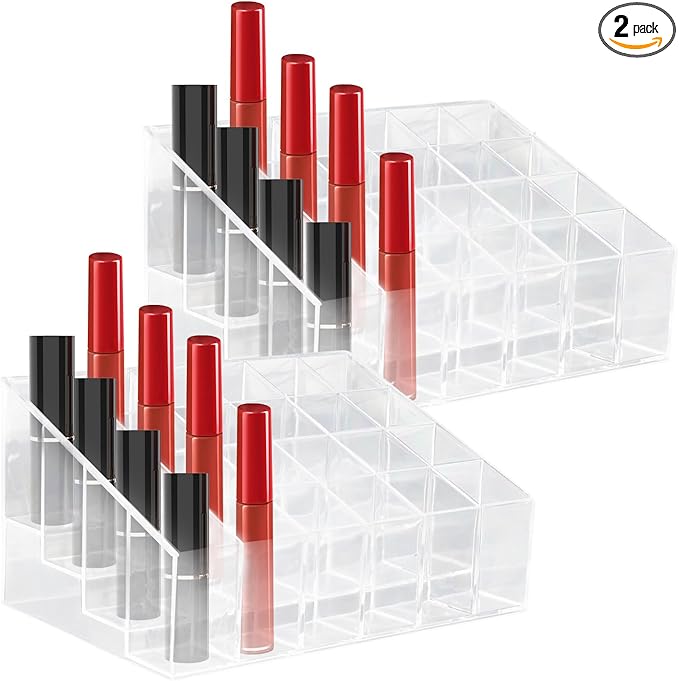 LOGJAM 2 Pcs Acrylic Perfume Organizer, 24 Slots Clear Lipstick Lipgloss Holder, Cosmetic Case For Lip Gloss Brushes Bottles