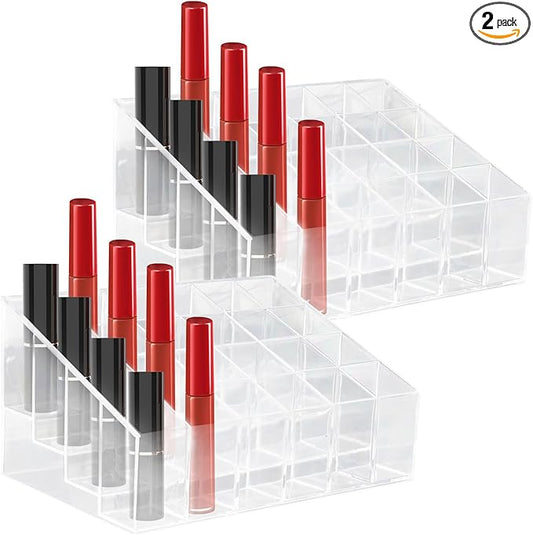 LOGJAM 2 Pcs Acrylic Perfume Organizer, 24 Slots Clear Lipstick Lipgloss Holder, Cosmetic Case For Lip Gloss Brushes Bottles