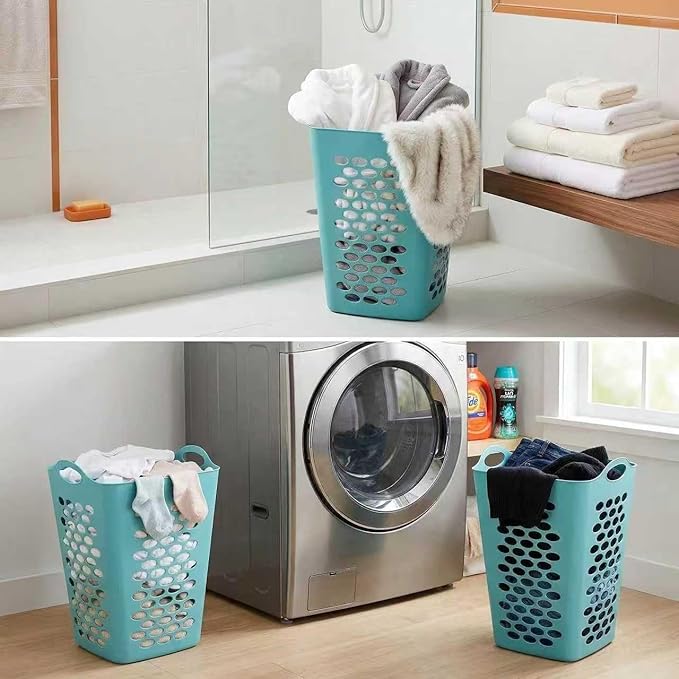 (2 Pack) 2 Bushel Square Laundry Hamper, Teal Lightweight Plastic Tall Laundry Basket with Handles, Ventilation Design for Bedroom, Bathroom, Laundry Room, College Dorm.